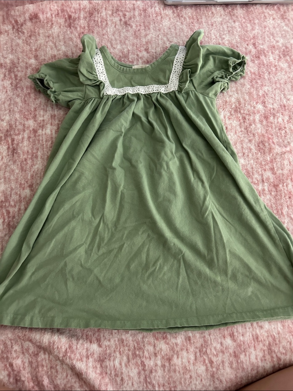 Girls' Sage Green Ruffle Sleeve Dress with Lace Trim